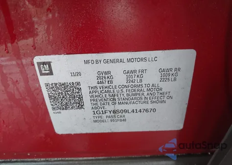 2020 Chevrolet Bolt Ev Fwd Lt z USA, uszkodzony, nr VIN 1G1FY6S09L4147670